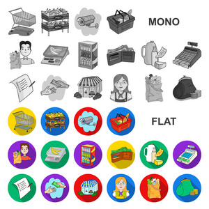 超市和设备的平面图标集为设计集合。采购产品矢量符号股票网站插图