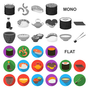 寿司和调味平图标集设计。 海鲜食品副矢量符号库存插图。