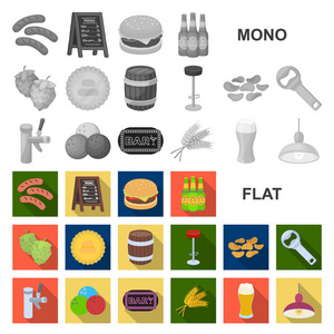 酒吧, 室内和设备平面图标集合中的设计。酒精和食物矢量符号股票网页插图