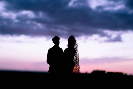 具有日出背景的新婚夫妇的剪影。 浪漫的场景。 他们不是真正的人