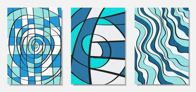 矢量封面设置在手绘风格。蓝色抽象背景与手写波浪线和形状, 螺旋, 点。创意的时髦插画。乱 涂。墙纸的矢量抽象