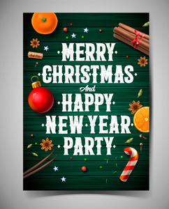圣诞快乐新年派对设计模板, 海报与复古背景与排版和香料, 向量例证