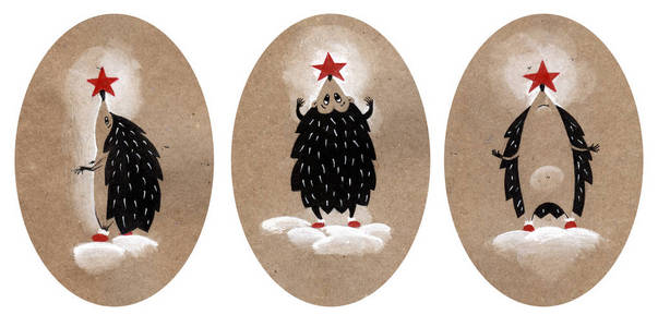 三套圣诞插画, 刺猬打扮得像一棵圣诞树。手绘插图在工艺纸上