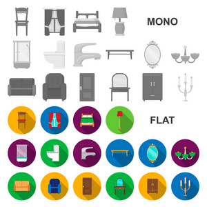 家具和室内平面图标集合中的设计。家庭家具矢量符号股票网站插图