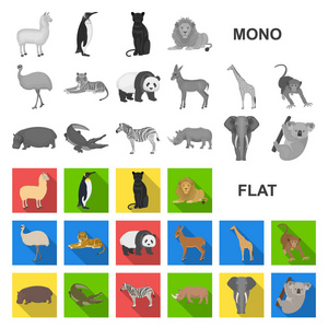 不同的动物在集合中平面图标的设计。鸟, 捕食者和草食动物矢量符号股票 web 插图