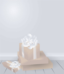 房间有圣诞礼品盒和树球，美丽的豪华矢量银白色背景xMAS卡和海报，漂亮的插图与木制包裹地板。 浪漫的新年礼物。