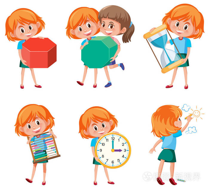 孩子们拿着数学物体插图