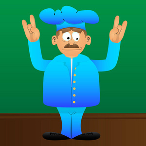 厨师歌手胖男卡通厨师穿制服,双手摇臂姿势. 矢量图.照片