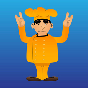 胖男卡通厨师穿制服，双手摇臂姿势。 矢量图。
