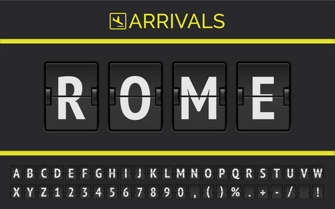 机械机场翻板字体显示欧洲罗马目的地的航班信息，并附有时间表到达标志。 矢量插图