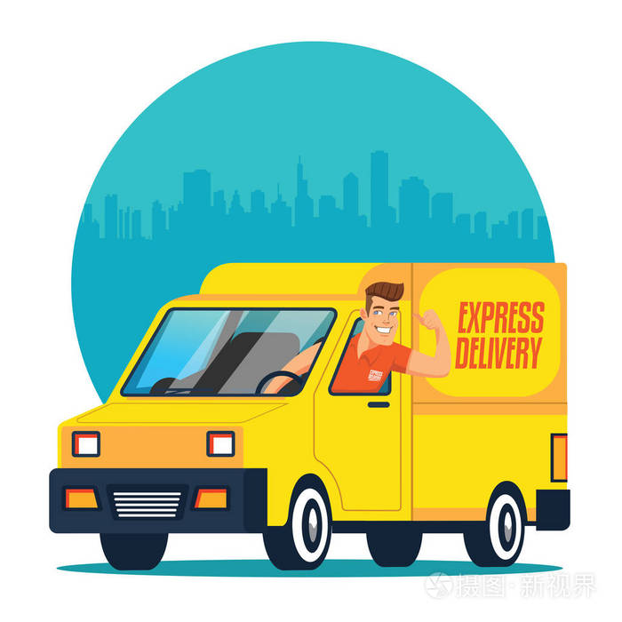 代表一个有趣和友好的送货人欢呼和驾驶一辆黄色送货货车快速运输概念
