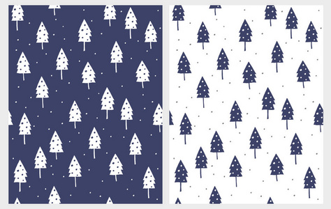 深蓝色和白色不规则设计. 树和点. 简单的婴儿插图. 冬季主题图形.
