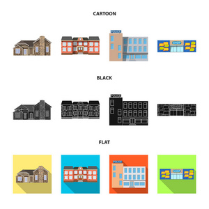 建筑物和前面图标的孤立对象。股票的建筑物和屋顶矢量图标集