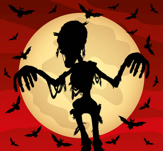 万圣节插图与僵尸在月球和蝙蝠的背景.照片