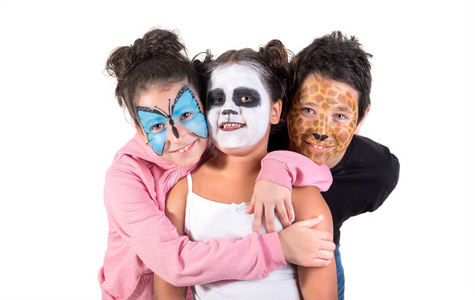 s group with animal facepaint isolated in white