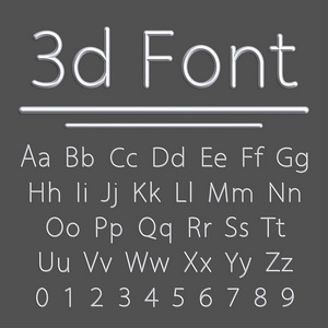 体积字体，灰色3D线字母与阴影。矢量插图。浮雕管Alphabet。