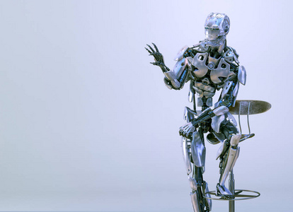 一个男性人形机器人, android 或机器人, 坐在椅子上, 拿着样机。人工智能技术的概念。设计元素。3d 插图