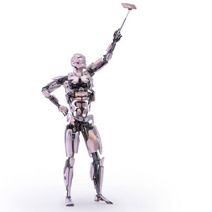 机器人 android 采取自拍在移动或智能手机上自拍棒。人工智能的概念。3d 插图