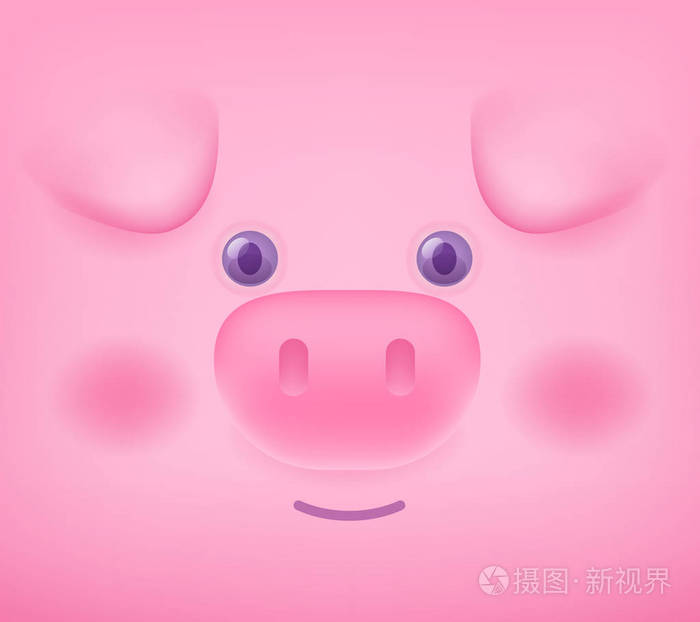 矢量特写插图猪脸与眼耳鼻在粉红色背景中国新年可爱