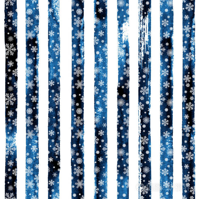 冬季水彩手绘条纹无缝图案印花与白色美丽雪花.