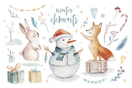 水彩金色圣诞快乐与雪人, 圣诞树, 节日可爱的动物狐狸, 兔子和刺猬。圣诞节庆祝卡。冬季新年设计