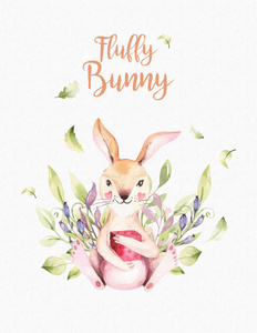 可爱的婴儿动物保育鼠兔和熊孤立的儿童插图。 水彩画，布霍林画，松鼠，水彩，刺猬形象，完美的苗圃海报图案