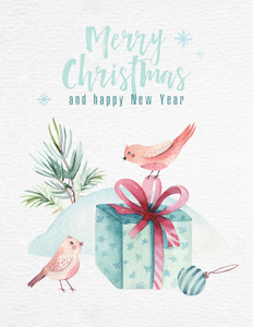 水彩圣诞快乐与雪人, 节日可爱的动物鹿, 兔子。圣诞节庆祝卡。冬季新年设计