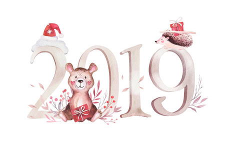 2019年新年卡片与可爱的熊和刺猬隔离插图为儿童。 完美的托儿所海报图案