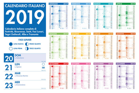 意大利矢量彩色月历与所有意大利节日圣徒庆祝农历阶段前，下一个月