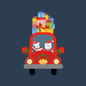 圣诞老人在蓝色背景上的红色汽车上。 矢量插图