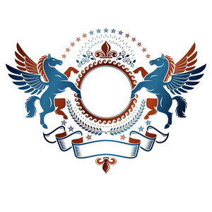 图形复古徽章由有翅膀的飞马古代动物元素装饰丝带和百合花组成。 纹章矢量设计元素。 复古风格标签纹章标志。