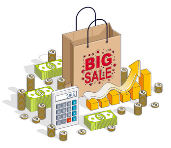 大销售概念零售卖出去购物袋与现金钱堆和计算器隔离在白色背景。 矢量三维等距业务和金融插图细线设计。