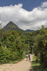 朋友们在土路上徒步旅行，后面是绿色雨林，后面是巴西里约热内卢南部的伊哈格兰德CostaVerde
