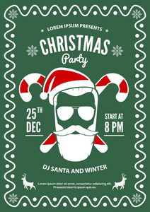 圣诞派对请柬, 传单或海报设计与圣诞老人帽子, 胡子和眼镜。向量例证