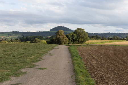 在八月的一个阳光明媚的日子里，在德国南部，你看到了绿色田野旁的路，天空中有着对比的多云。