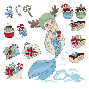 美人鱼甜蜜套餐新年彩色矢量插图生日和派对墙装饰剪贴簿婴儿书相册和卡片打印
