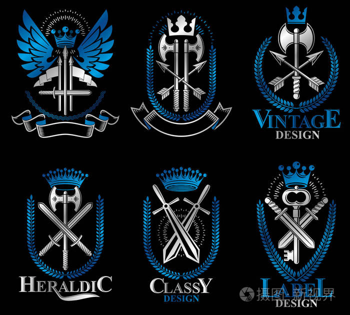 纹章外套的武器老式矢量标志收集.