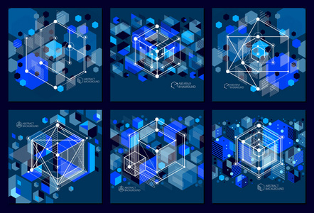机械方案深蓝色矢量工程图纸设置三维立方体和几何元素。 用蜂窝制作的工程技术壁纸。