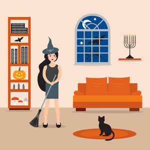 万圣节2019矢量插图与现代女巫拿着扫帚在她的房间。 派对卡包装织物印花设计。