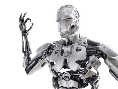 机器人显示 ok 手势。安卓人形或机器人人工智能技术概念。未来主义科幻元素。3d 插图