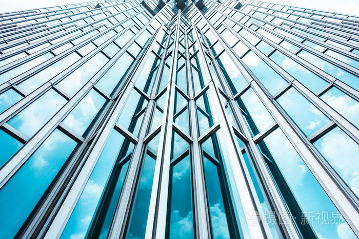 下景全景透视钢蓝玻璃高层建筑摩天大楼成功工业建筑的商业理念
