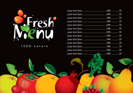 各种水果和蔬菜的果汁和新鲜果汁的矢量新鲜菜单，黑色背景的价目表。