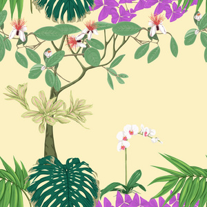 热带植物和白兰花。 无缝图案背景。 彩色矢量插图，没有梯度和透明度。 在柔软的黄色背景上。