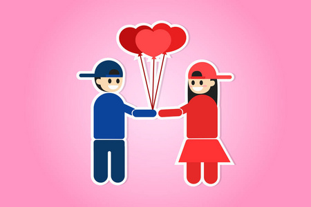 s day love cartoon heart ballons cute boy and girl looking turni