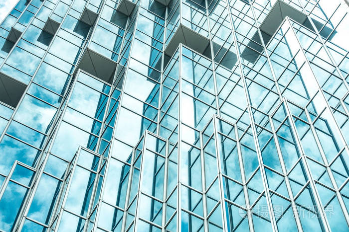 下景全景透视钢蓝玻璃高层建筑摩天大楼成功工业建筑的商业理念