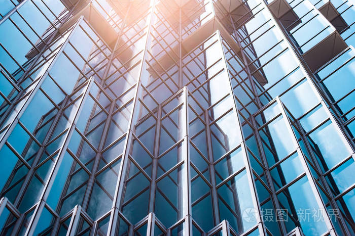 下景全景透视钢蓝玻璃高层建筑摩天大楼成功工业建筑的商业理念