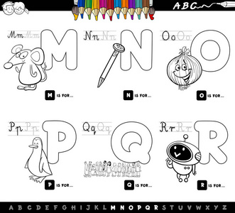 黑白卡通插图，大写字母，字母，教育集，为儿童阅读和写作学习，从m到r彩书。