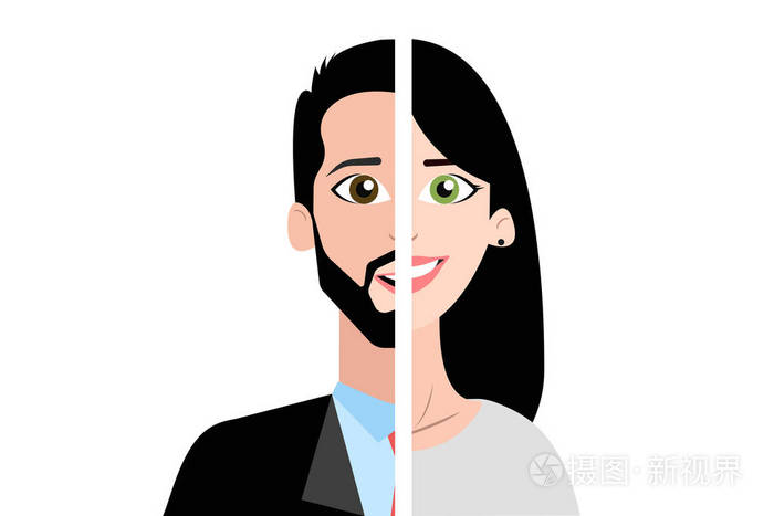 埃普斯矢量插图一半快乐的黑发男子和妇女孤立在白色背景双重人格双相