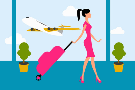 电子邮件矢量插图的妇女穿着粉红色的衣服步行与手提箱在机场。