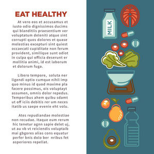 健身食品海报运动健康饮食食品营养海报..蛋白质饮料天然蔬菜或水果健身房能量棒减肥丸和膳食补充剂的矢量平面设计